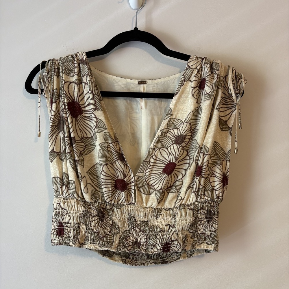 Free People Morning Sun Floral Cropped Tank Beige S Boho Cottage Ruched Sleeve